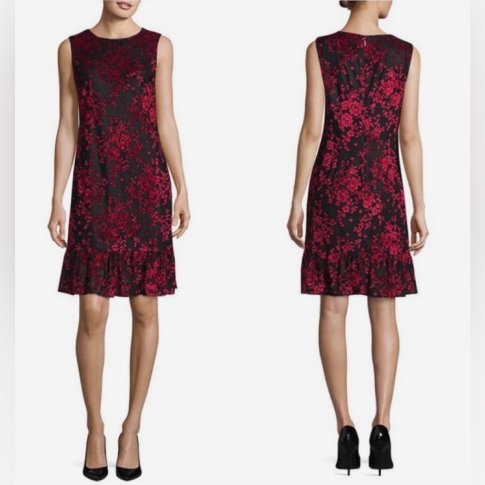 Karl Lagerfeld Midi Velvet Floral Dress‎ Black and Red Size 8